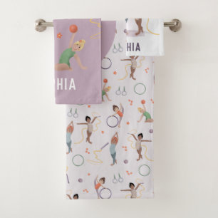 Girls Cute Purple Gymnastics Monogram Kids Bath Towel Set