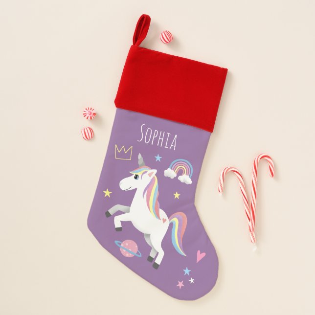 Girls Cute Purple Magical Unicorn Name Kids Christmas Stocking (Front)