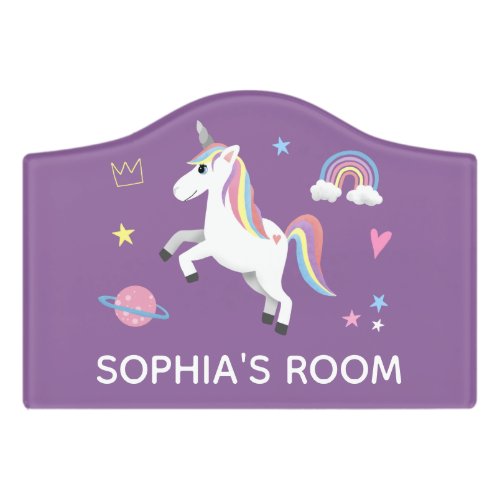 Girls Cute Purple Magical Unicorn  Name Kids Door Sign