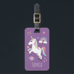 Girls Cute Purple Magical Unicorn & Name Kids Luggage Tag<br><div class="desc">This cute and modern kids luggage tag features a unicorn, planet, stars, a crown, a rainbow and heart, and can be personalized with your girls name and contact details. The perfect magical gift for your baby, toddler or child's first trip. Check out our purple unicorn collection for the matching passport...</div>