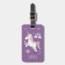 Girls Cute Purple Magical Unicorn &amp; Name Kids Luggage Tag
