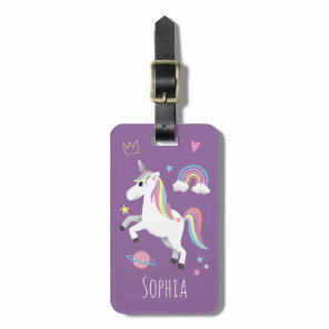 Girls Cute Purple Magical Unicorn & Name Kids Luggage Tag