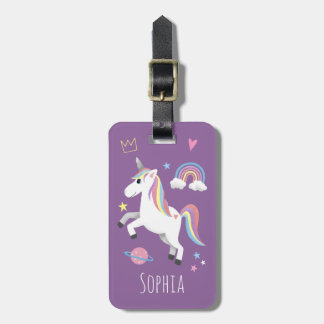 Girls Cute Purple Magical Unicorn & Name Kids Luggage Tag