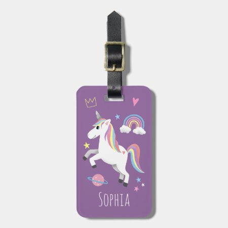 Girls Cute Purple Magical Unicorn & Name Kids Luggage Tag