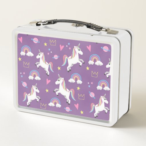 Girls Cute Purple Magical Unicorn & Name Kids Metal Lunch Box | Zazzle