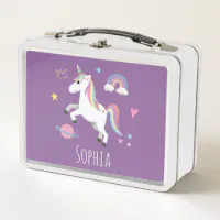 Girls Cute Pink Unicorn Rainbow Personalized Metal Lunch Box