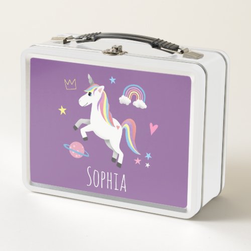 Girls Cute Purple Magical Unicorn  Name Kids Metal Lunch Box