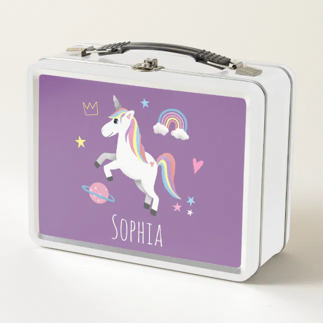 Girls Cute Purple Magical Unicorn & Name Kids Metal Lunch Box | Zazzle