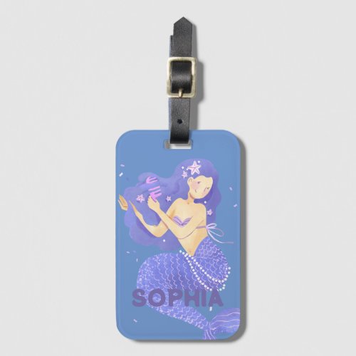 Girls Cute Purple Mermaid Name Personalised Kids Luggage Tag