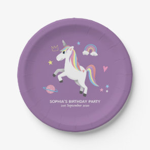 Girls Cute Purple Princess Unicorn Kids Birthday Paper Plates