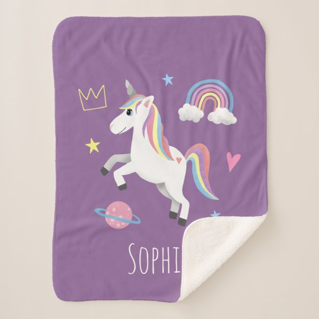 Girls Cute Purple Rainbow Unicorn & Name Kids Sherpa Blanket