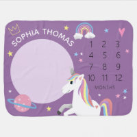 Girls Cute Purple Rainbow Unicorn & Name Milestone Baby Blanket