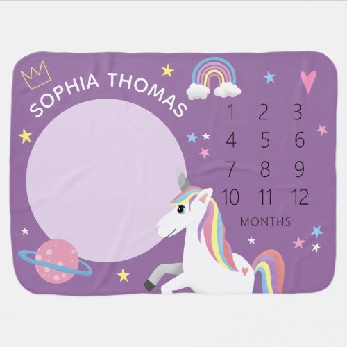 Girls Cute Purple Rainbow Unicorn  Name Milestone Baby Blanket