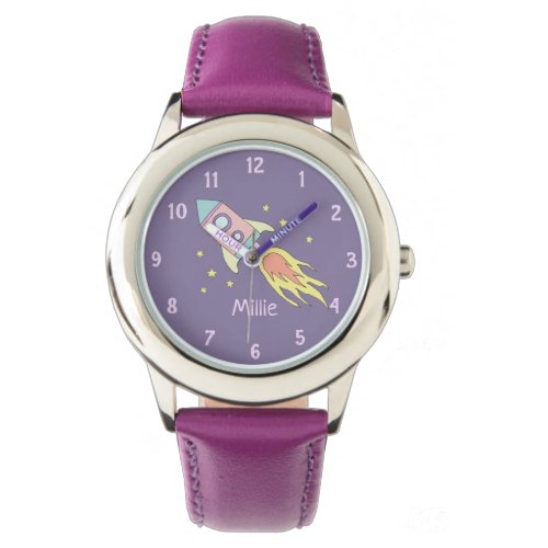 Girls Cute Purple Rocket Ship Space and Name Kids Watch