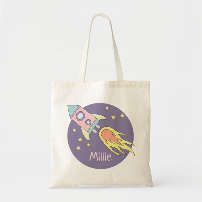 Girl's Cute Purple Rocket Ship Space Galaxy Tote Bag (Front)