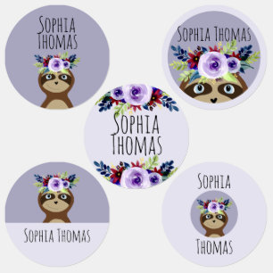 Girls Cute Purple Sloth Watercolor Flowers & Name Kids' Labels
