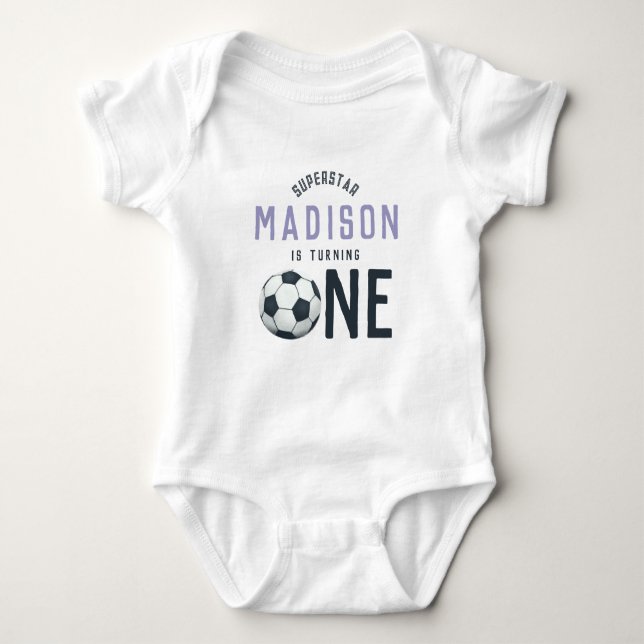 Girls Cute Purple Soccer 1st Birthday Baby Bodysuit (Front)