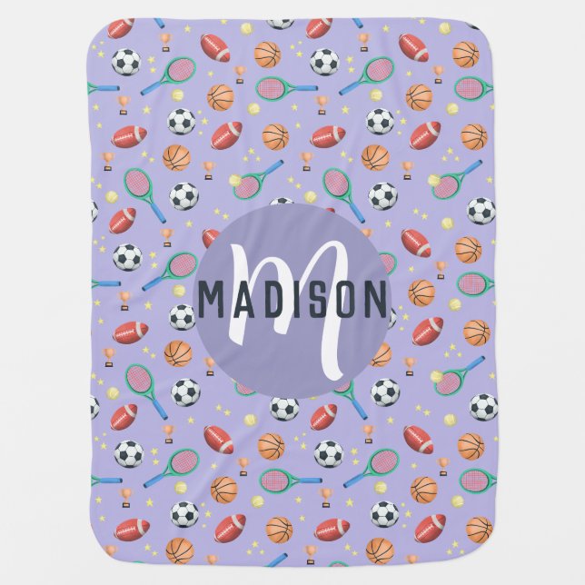 Girls Cute Purple Soccer Basketball Sports Baby Blanket (Front)