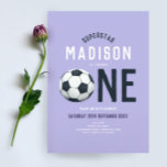 Girls Cute Purple Soccer Sports Kids 1st Birthday Invitation<br><div class="desc">This modern kid's 1st birthday invitation features a purple sports design,  with a cute soccer ball (football) making the 'ONE",  and a matching pattern on the back. The invite can be personalized with your girls name and other details necessary for your party.</div>