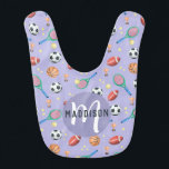Girls Cute Purple Soccer Tennis Sports Baby Bib<br><div class="desc">This cute and fun purple baby bib features a sport cartoon pattern, with a football, soccer ball, tennis racket and ball, trophy, basketball, and stars. The bin can be personalized with your girls name and monogram. The perfect sport themed keepsake for your baby, toddler or child, the perfect baby shower...</div>