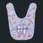 Girls Cute Purple Soccer Tennis Sports Baby Bib<br><div class="desc">This cute and fun purple baby bib features a sport cartoon pattern, with a football, soccer ball, tennis racket and ball, trophy, basketball, and stars. The bin can be personalized with your girls name and monogram. The perfect sport themed keepsake for your baby, toddler or child, the perfect baby shower...</div>