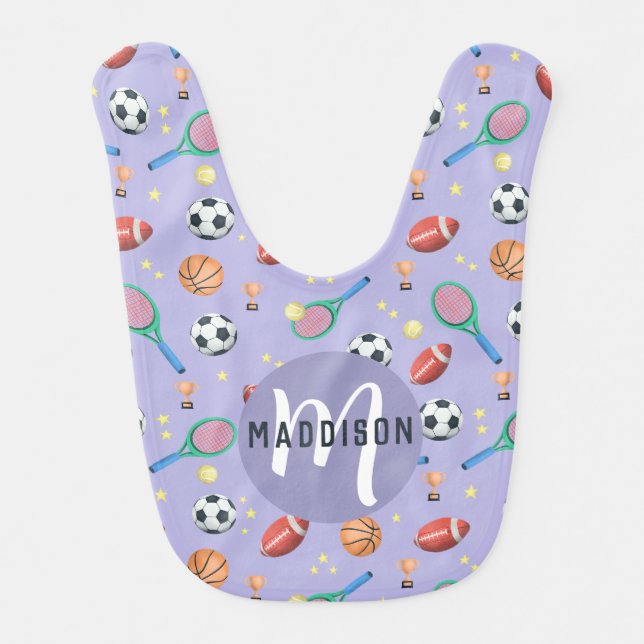 Girls Cute Purple Soccer Tennis Sports Baby Bib (Front)