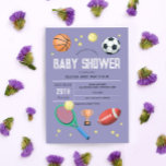 Girls Cute Purple Sports Baby Shower Invitation<br><div class="desc">This cute and modern girls baby shower invitation design features a purple sports cartoon pattern, with a basketball, football, soccer ball, tennis racket, trophy, and stars. The invite can be personalized with the parent's names and other details necessary for your party. The perfect fun sports themed addition to your co-ed...</div>