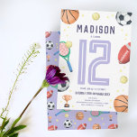 Girls Cute Purple Sports Cartoon Kids Birthday Invitation<br><div class="desc">This cute and modern sports-themed kids birthday invitation design features a purple sports cartoon design, with a basketball, football, soccer ball, tennis racket, trophy, and stars. The invite can be personalized with your girls name and other details necessary for your party. The perfect sports-themed addition to your child's birthday party!...</div>