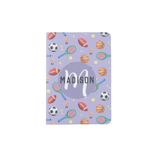 Girls Cute Purple Sports Monogram Kids Passport Holder (Front)