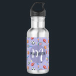 Girls Cute Purple Sports Monogram Kids School Stainless Steel Water Bottle<br><div class="desc">This cute kids bottle features a fun purple cartoon sports pattern,  with a soccer ball,  basketball,  tennis racket,  football and trophy. There is also space for you to add your girls name and monogram in a beautiful font. The perfect sport themed addition to your kids school or sports supplies.</div>