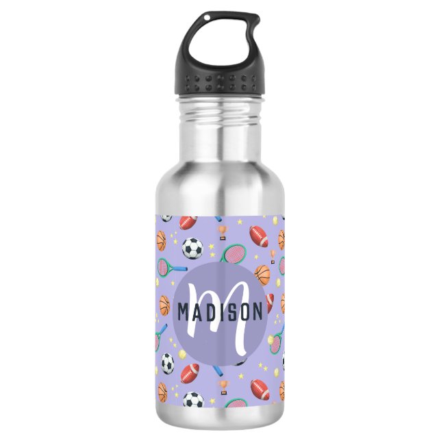 Girls Cute Purple Sports Monogram Kids School Stainless Steel Water Bottle (Front)