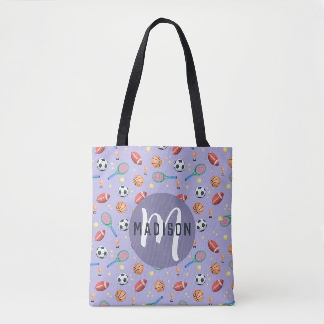 Girls Cute Purple Sports Monogram Kids Tote Bag (Front)