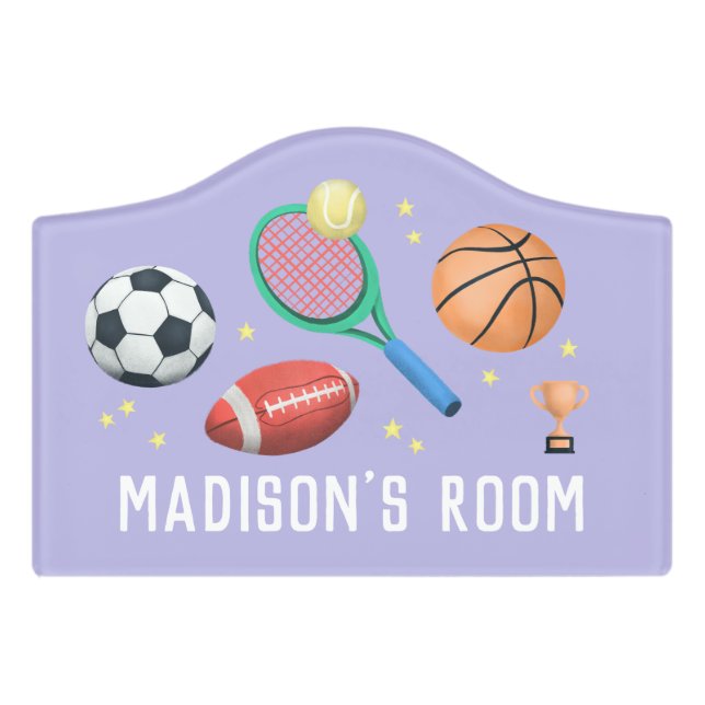 Girls Cute Purple Tennis and Soccer Sports Kids Door Sign (Small Crest Front)