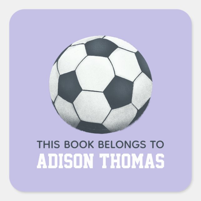 Girls Cute Purple This Book Belongs Soccer Kids Square Sticker (Front)