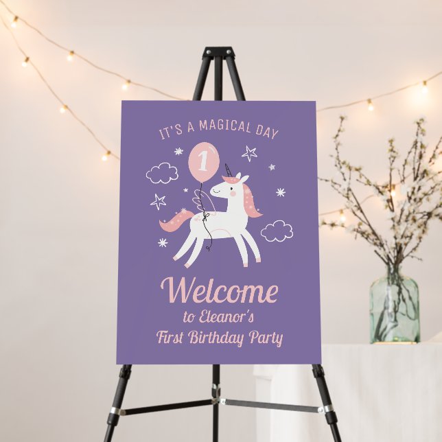 Girls Cute Purple Unicorn Birthday Welcome Foam Board (In Situ (Stand))