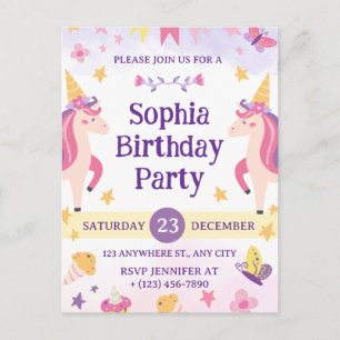Girls Cute Purple Unicorn Kids 1th Birthday Holiday Postcard