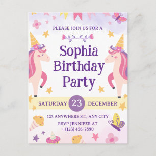 Girls Cute Purple Unicorn Kids 1th Birthday Postcard