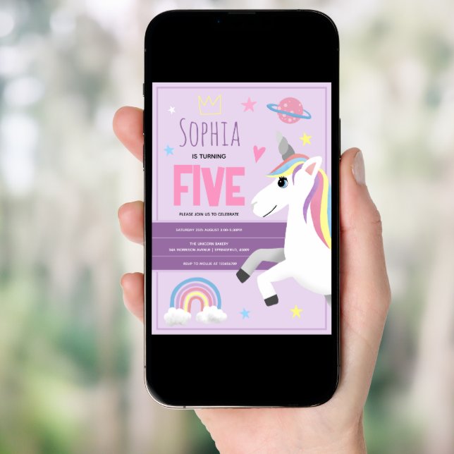 Girls Cute Purple Unicorn Kids 5th Birthday Invitation (Front Digital)
