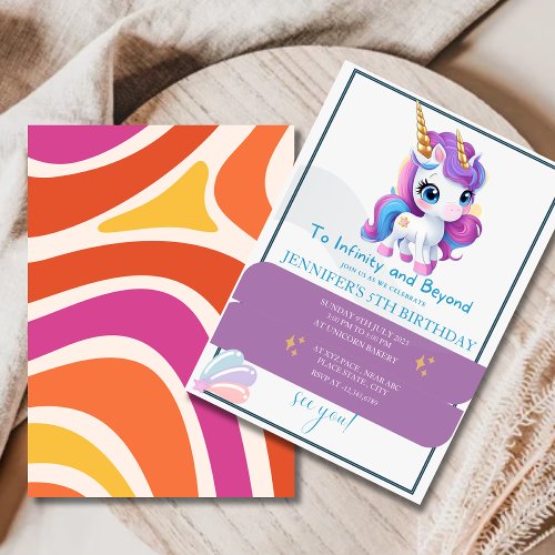 Girls Cute Purple Unicorn Kids 5th Birthday  Invitation