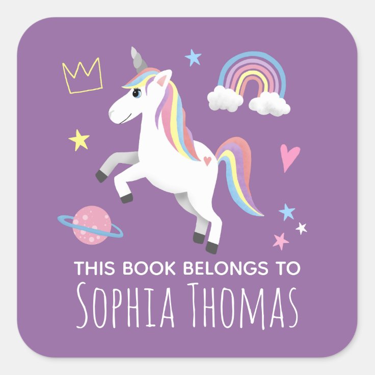 Girls Cute Purple Unicorn & Name Kids Bookplate | Zazzle