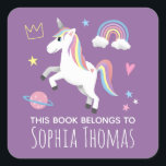 Girls Cute Purple Unicorn & Name Kids Bookplate<br><div class="desc">This adorable kids 'this book belongs to' bookplate sticker design features a cute unicorn cartoon,  a planet,  stars,  crown,  rainbow and hearts,  and can be personalized with your girls name. The perfect purple magical themed addition to your kids school supplies.</div>