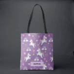 Girls Cute Purple Unicorn Pattern and Name Kids Tote Bag<br><div class="desc">This cute and modern kids tote bag features a magical unicorn pattern,  with a rainbow,  planet,  crown,  stars and hearts,  and can be personalized with your girls name. The perfect purple themed gift for your child or toddler.</div>
