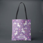 Girls Cute Purple Unicorn Pattern and Name Kids Tote Bag<br><div class="desc">This cute and modern kids tote bag features a magical unicorn pattern,  with a rainbow,  planet,  crown,  stars and hearts,  and can be personalized with your girls name. The perfect purple themed gift for your child or toddler.</div>
