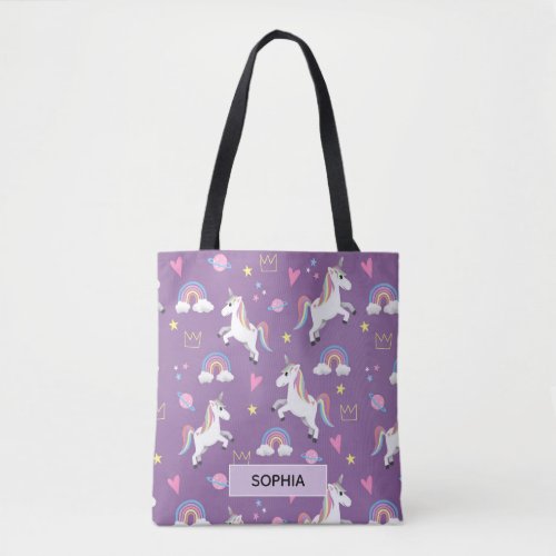 Girls Cute Purple Unicorn Pattern and Name Kids Tote Bag