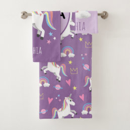 Girls Cute Purple Unicorn Pattern &amp; Name Kids Bath Towel Set