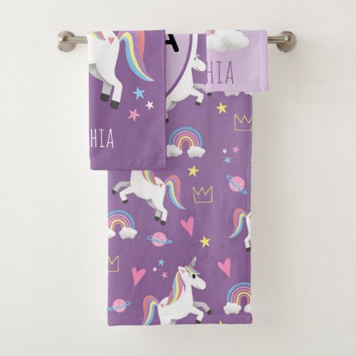 Girls Cute Purple Unicorn Pattern  Name Kids Bath Towel Set