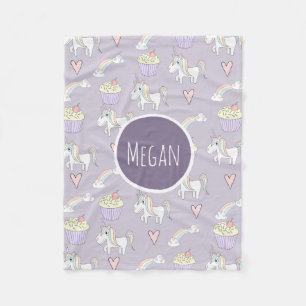 Girls Cute Purple Unicorn Pattern Name Kids Fleece Blanket