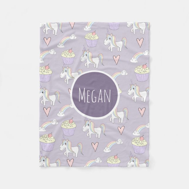 Girls Cute Purple Unicorn Pattern Name Kids Fleece Blanket (Front)