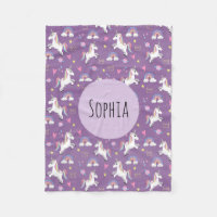 Girls Cute Purple Unicorn Pattern & Name Kids Fleece Blanket