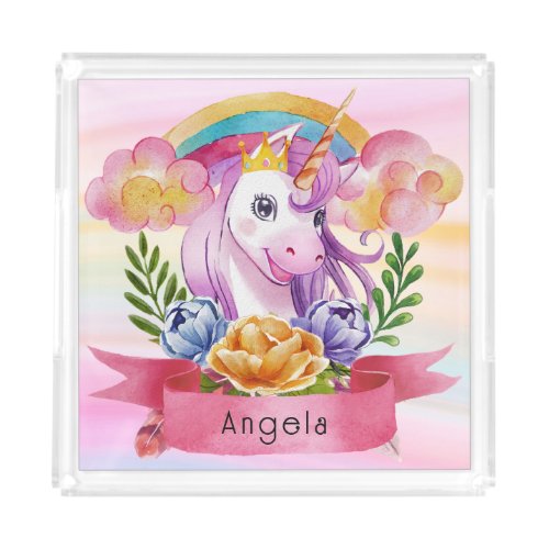 Girls Cute Purple Unicorn Rainbow Custom Name     Acrylic Tray